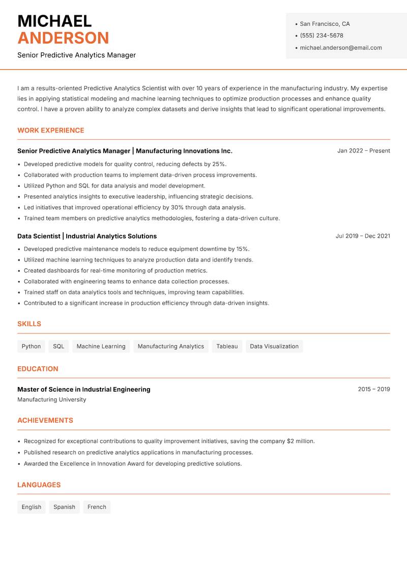 Predictive Analytics Scientist Resume Template