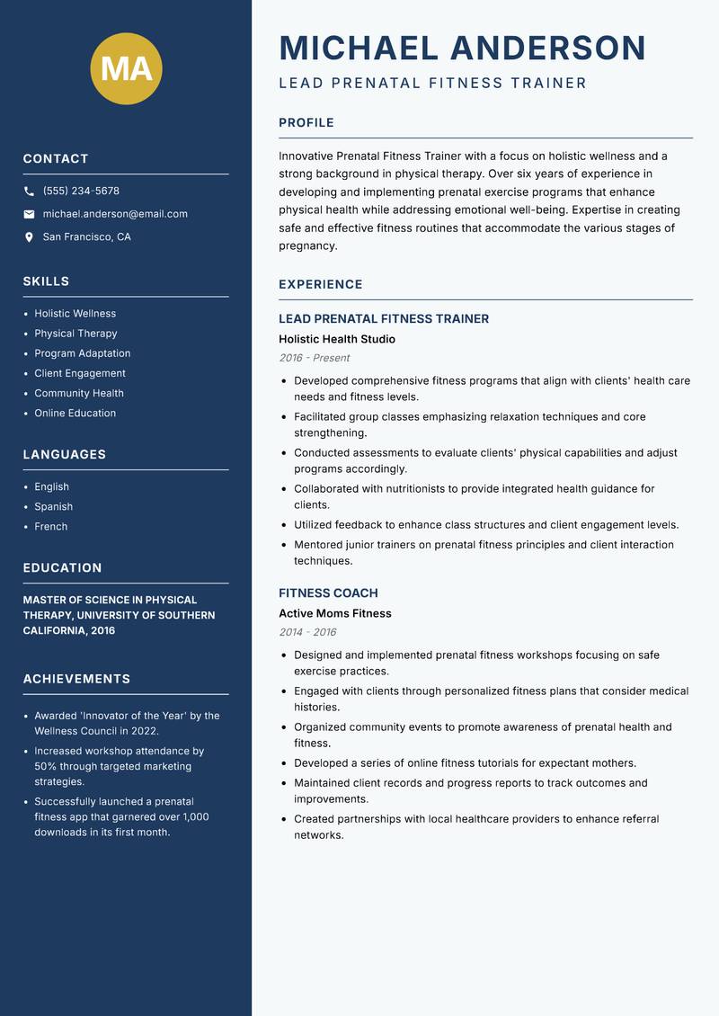 Prenatal Fitness Trainer Resume Preview Example