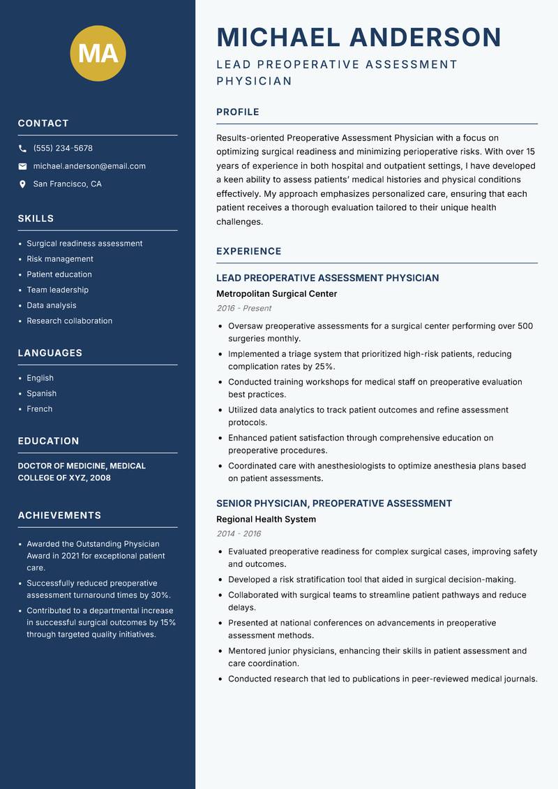 Preoperative Assessment Physician Resume Preview Example
