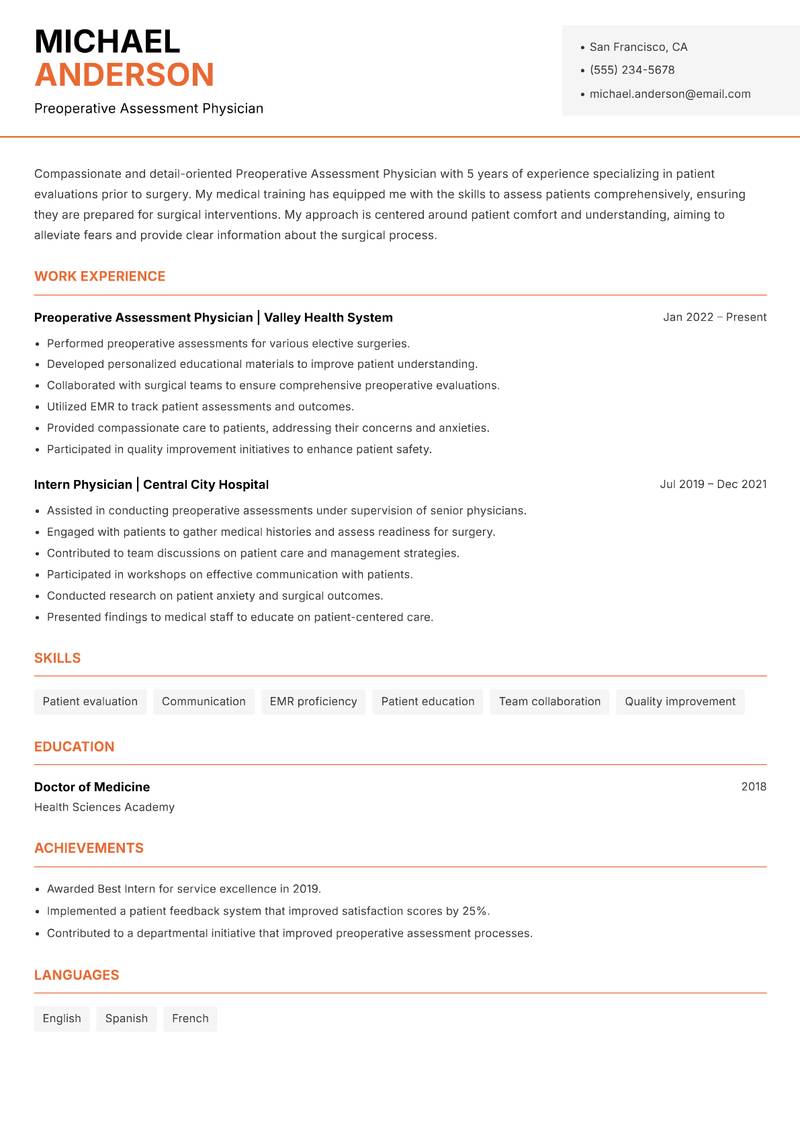 Preoperative Assessment Physician Resume Template