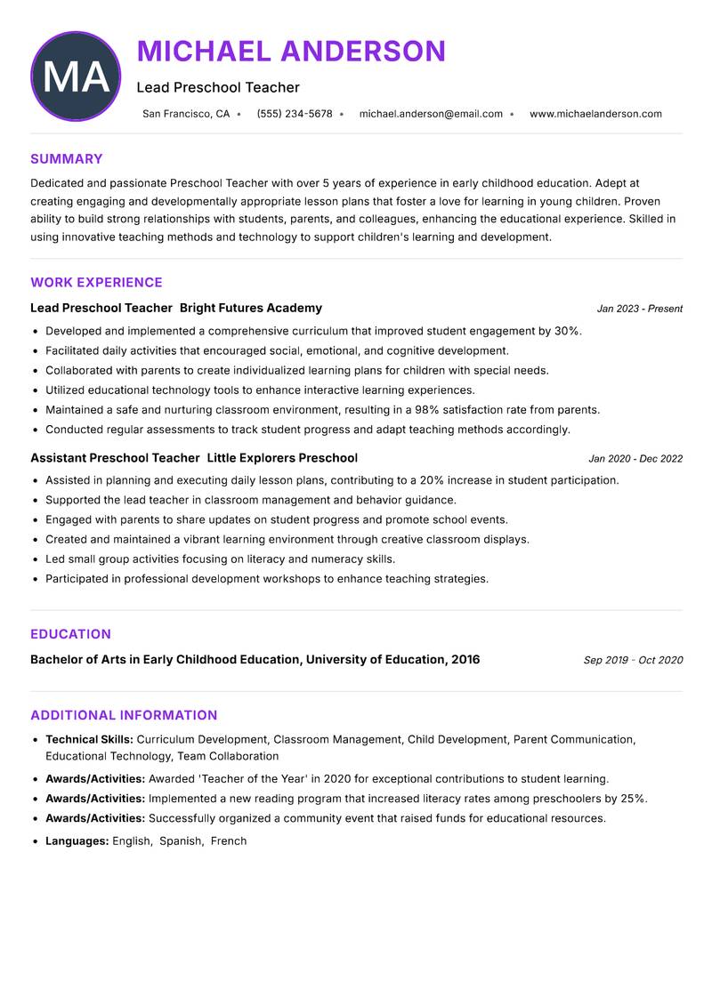 Preschool Teacher Resume Preview Example
