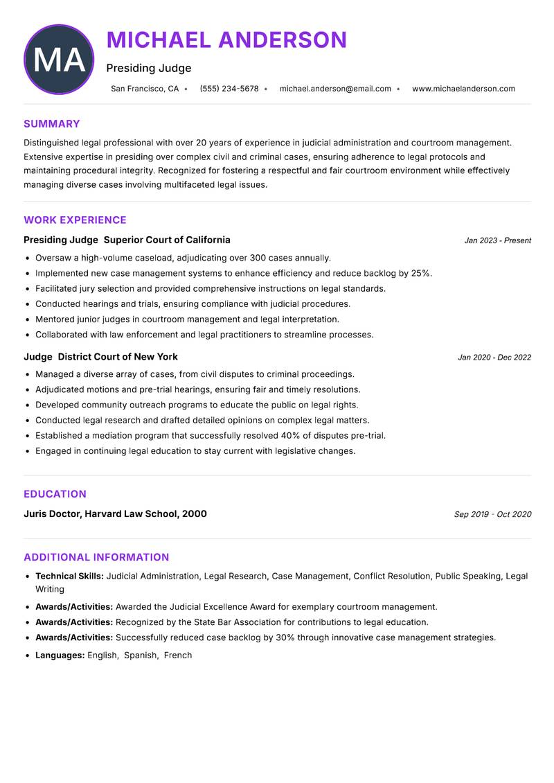 Presiding Judge Resume Preview Example