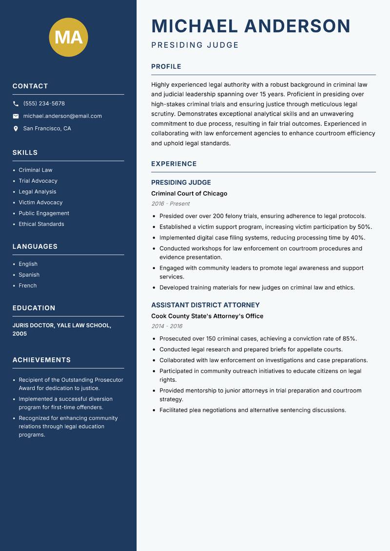 Presiding Judge Resume Preview Example