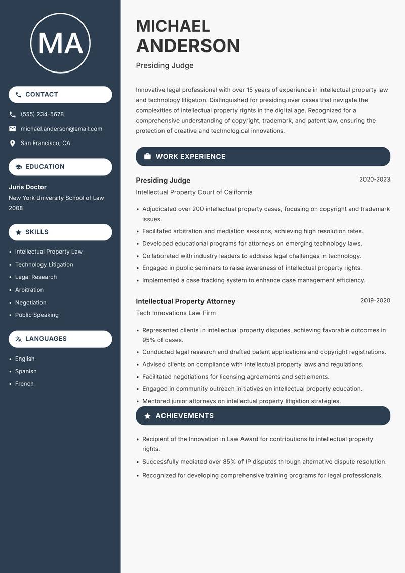 Presiding Judge Resume Preview Example