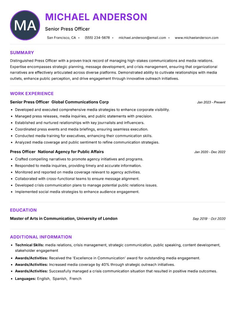 Press Officer Resume Preview Example