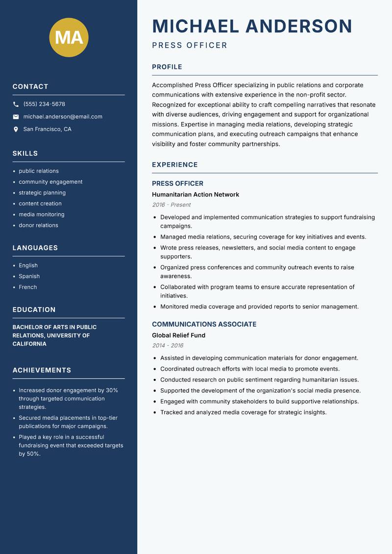 Press Officer Resume Preview Example
