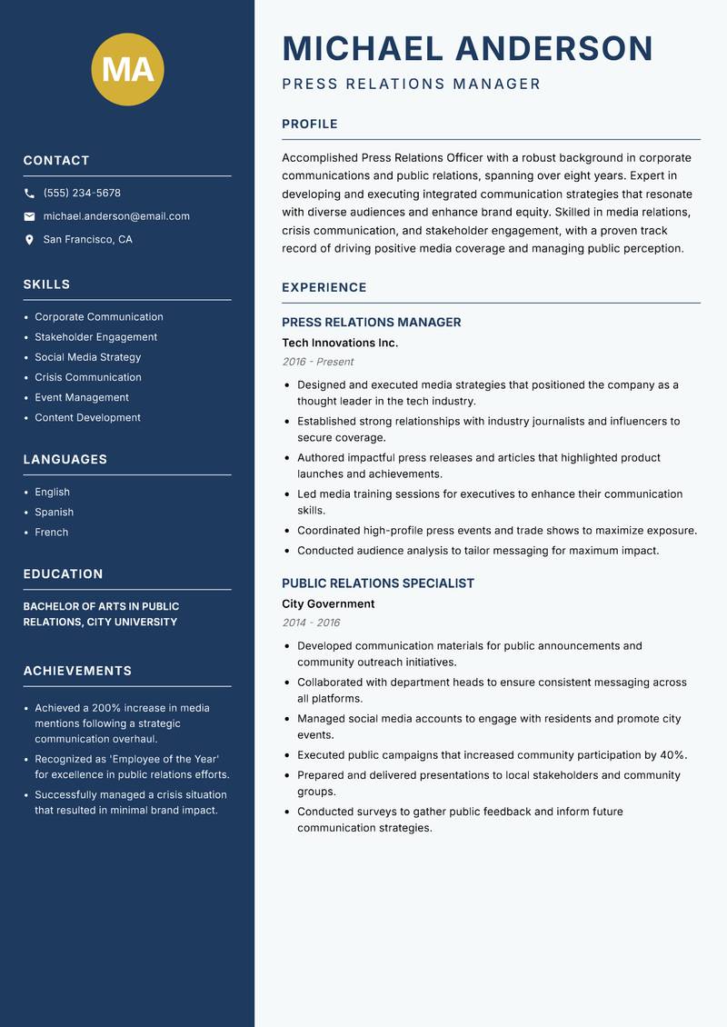 Press Relations Officer Resume Preview Example