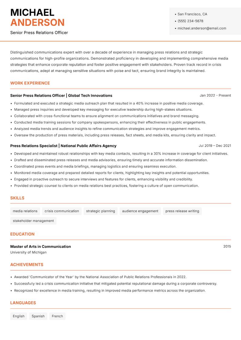 Press Relations Officer Resume Template