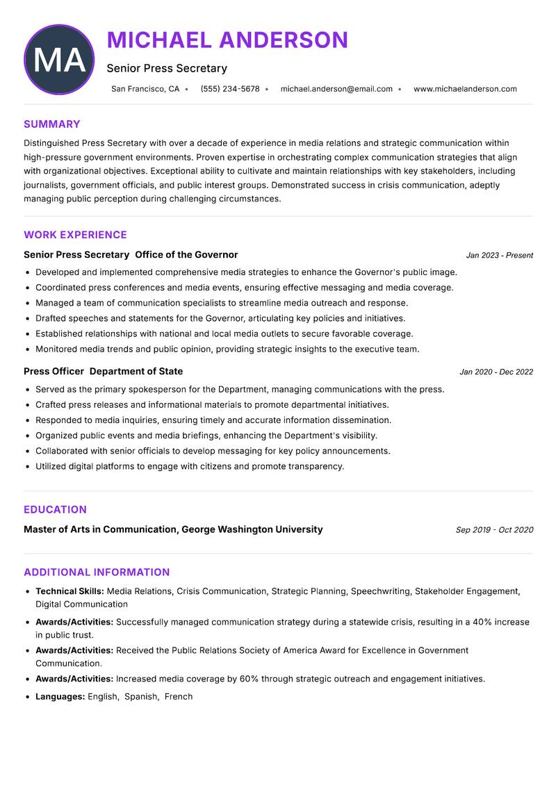 Press Secretary Resume Preview Example