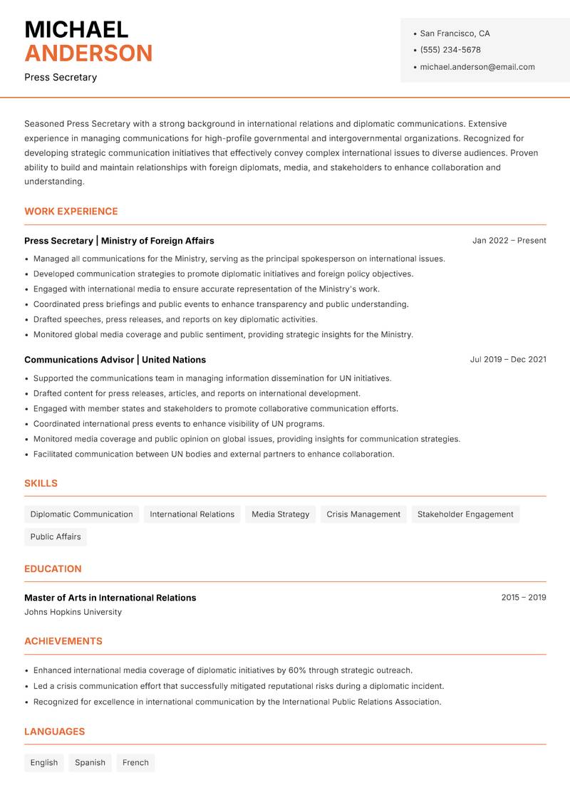Press Secretary Resume Template