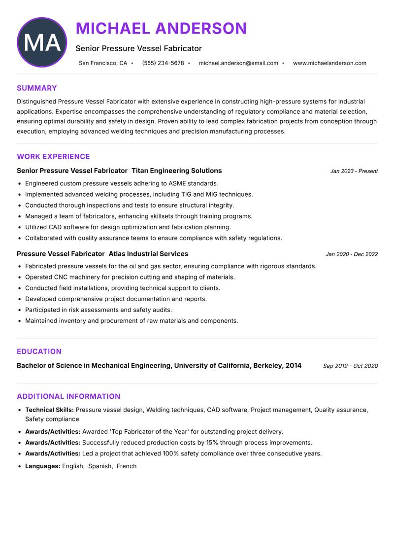 Pressure Vessel Fabricator Resume Preview Example
