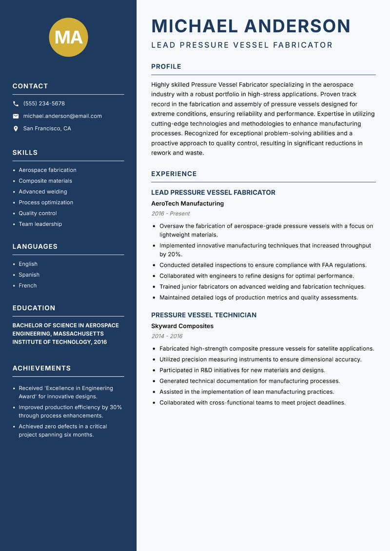 Pressure Vessel Fabricator Resume Preview Example