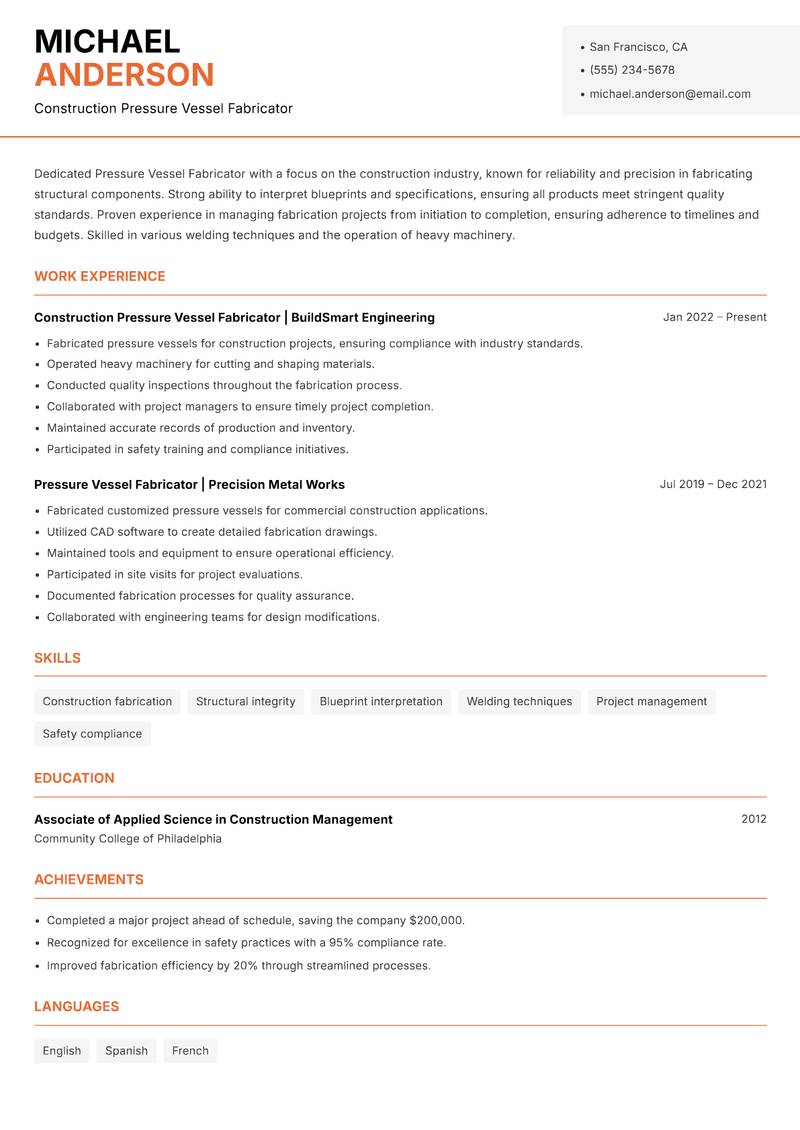 Pressure Vessel Fabricator Resume Template