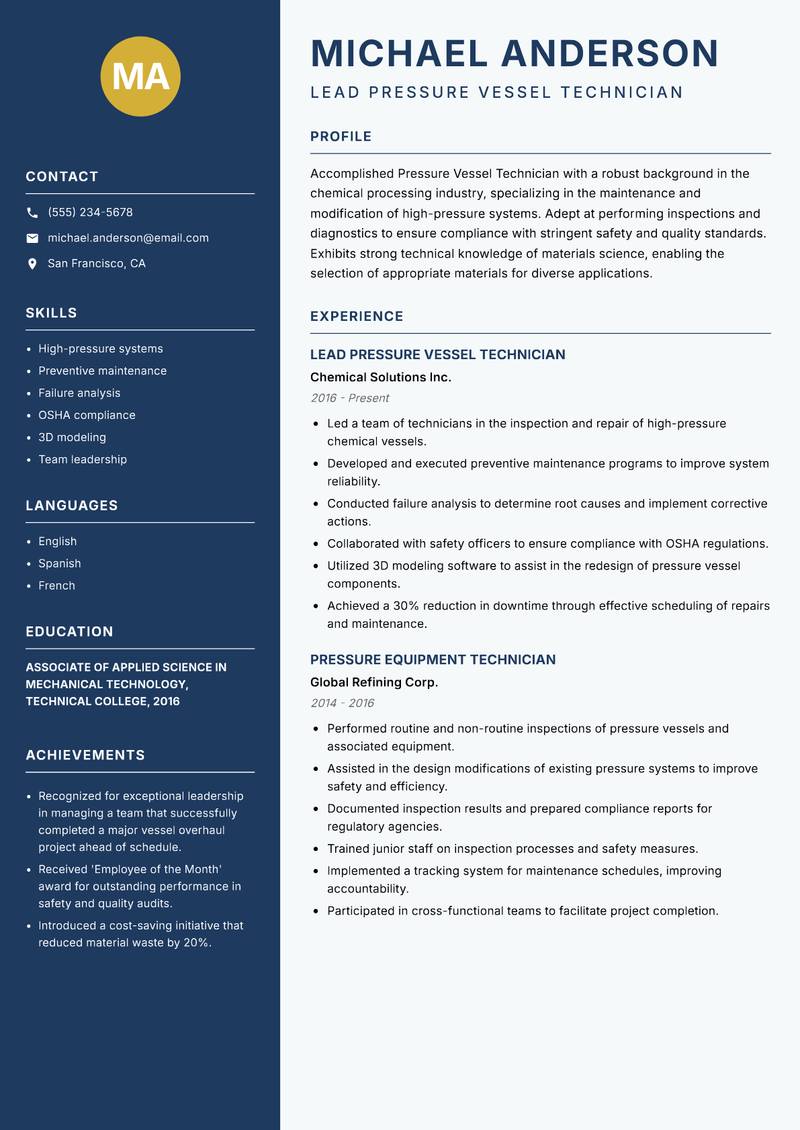 Pressure Vessel Technician Resume Preview Example