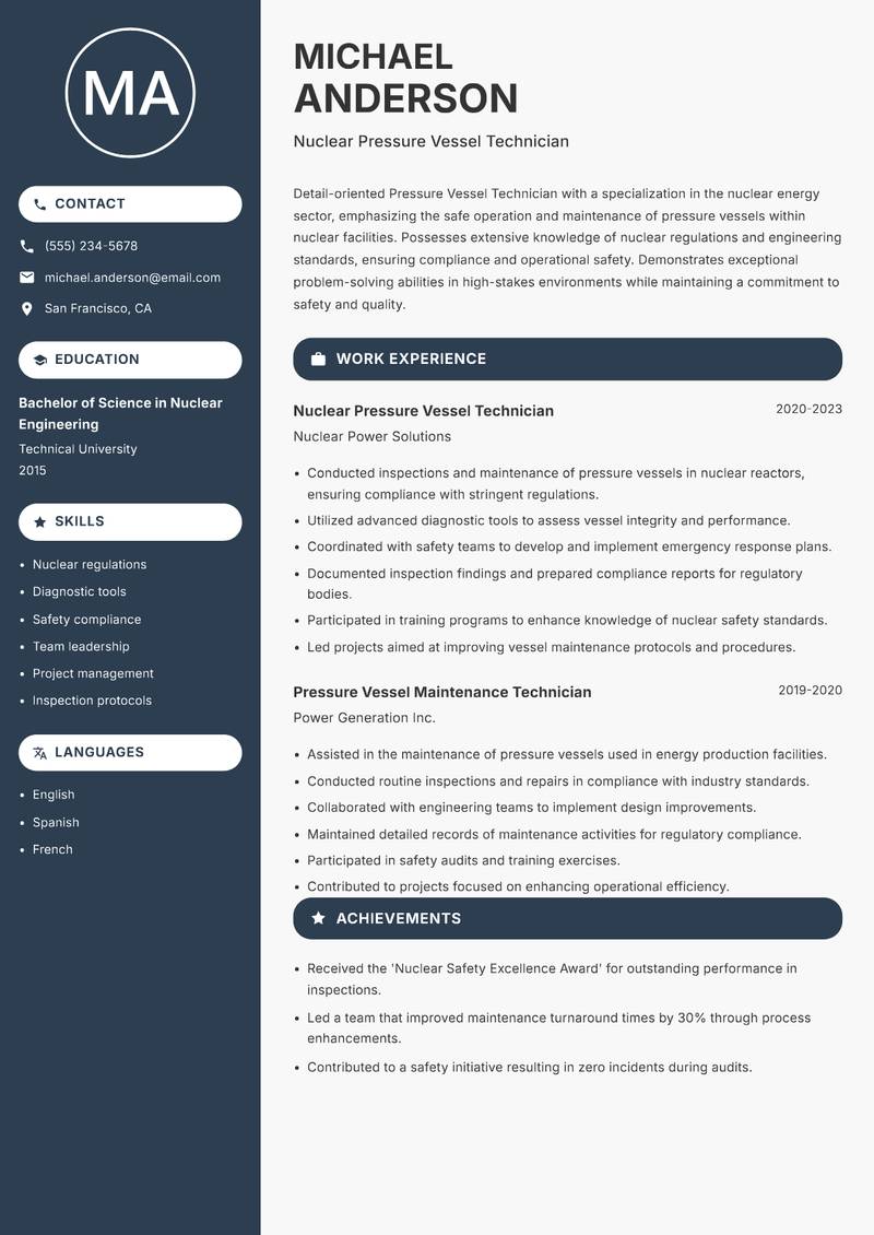Pressure Vessel Technician Resume Preview Example