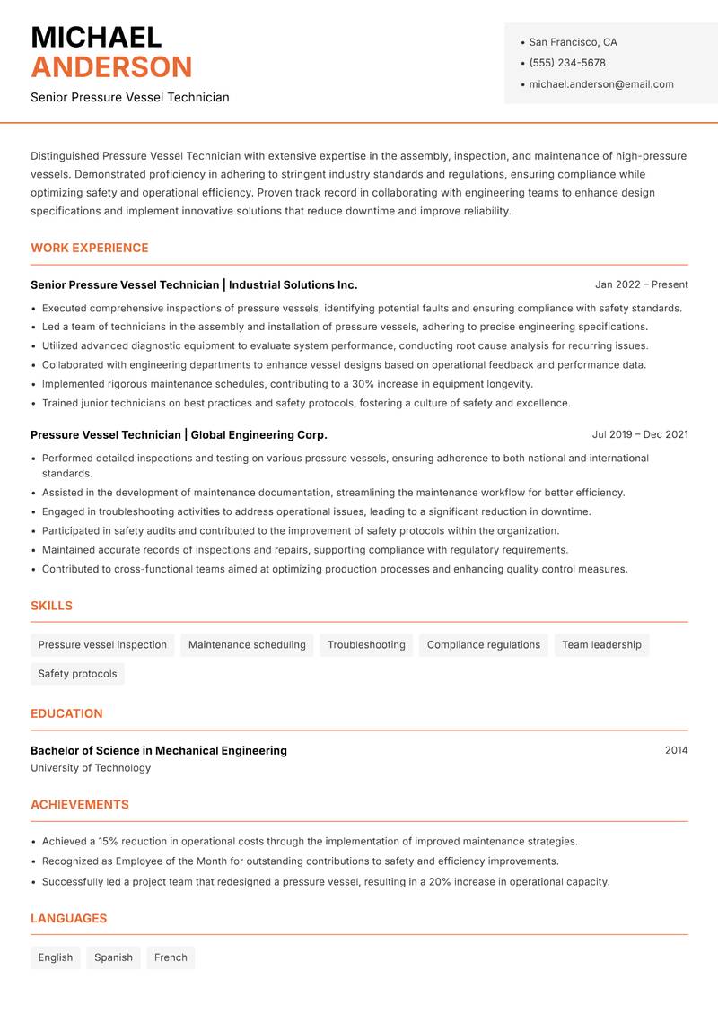 Pressure Vessel Technician Resume Template