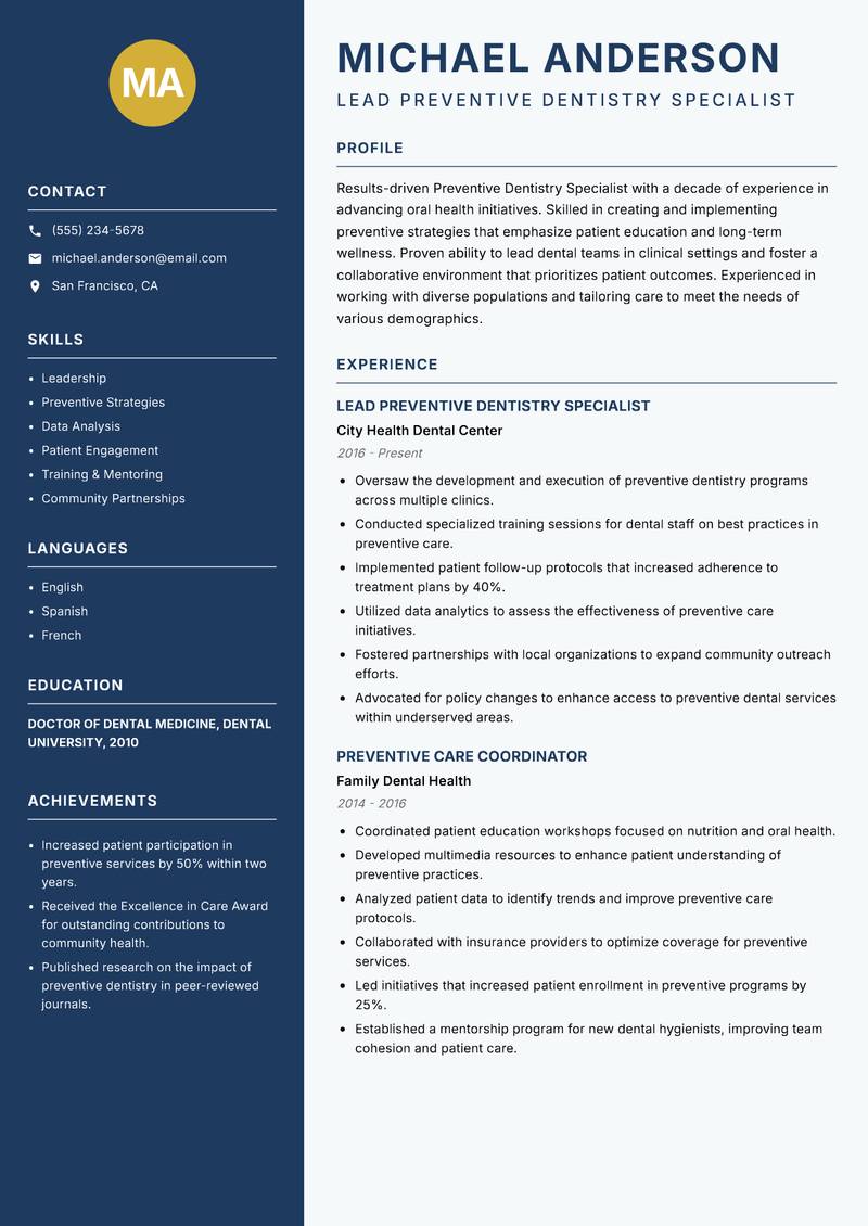 Preventive Dentistry Specialist Resume Preview Example
