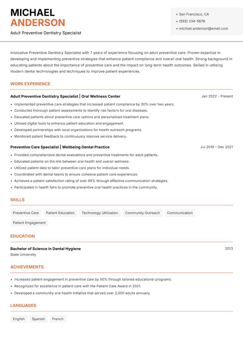 Preventive Dentistry Specialist Resume Template