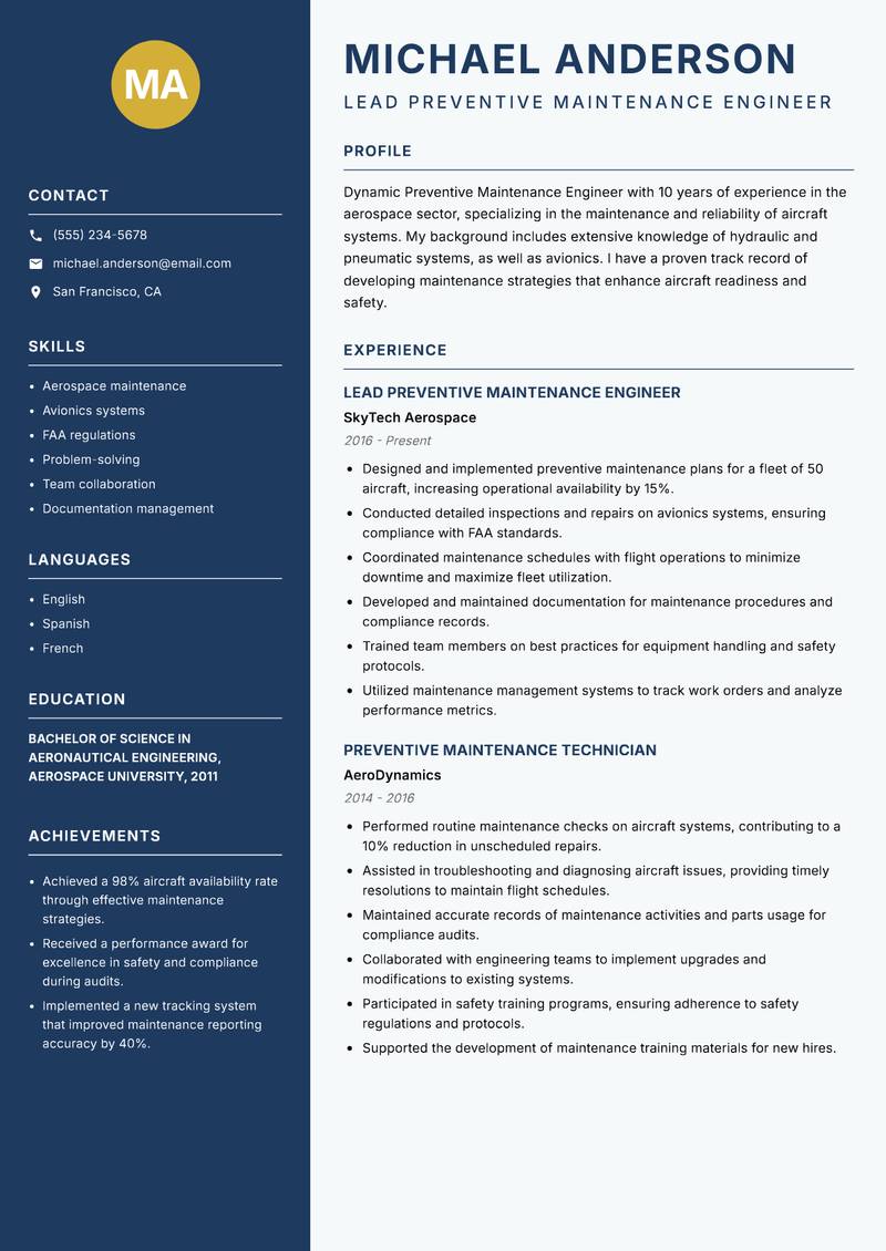 Preventive Maintenance Engineer Resume Preview Example