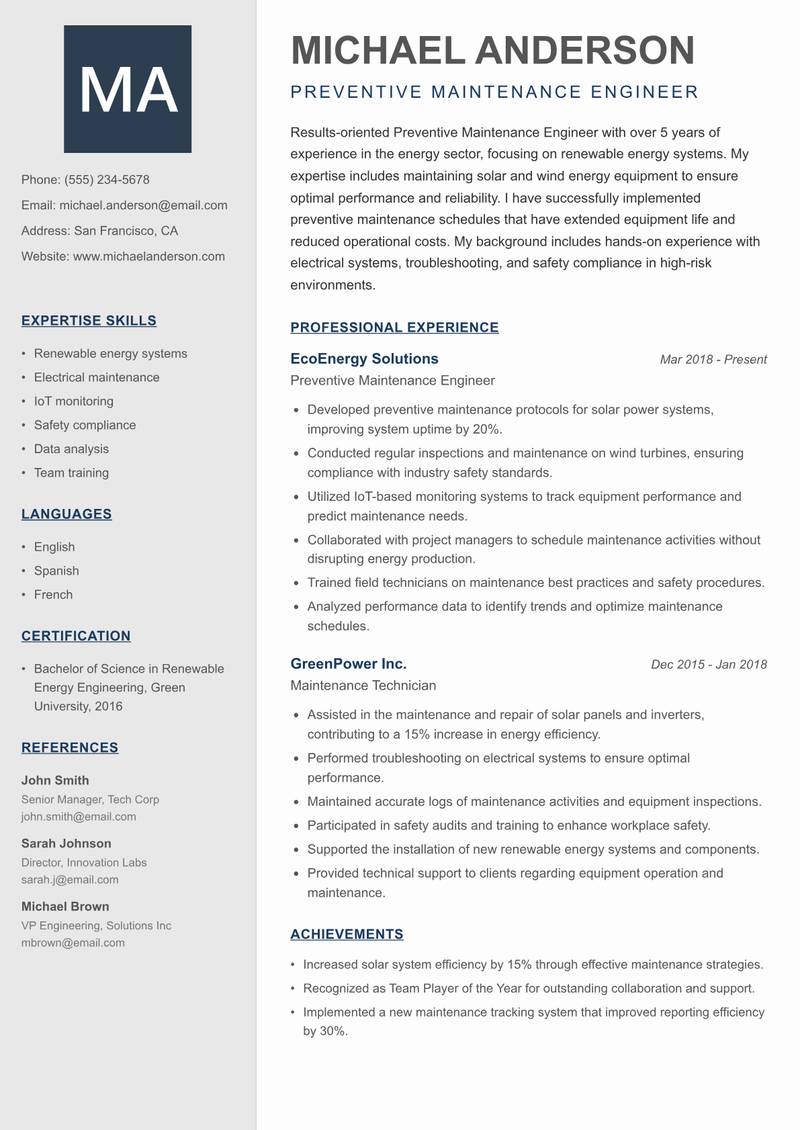 Preventive Maintenance Engineer Resume Preview Example