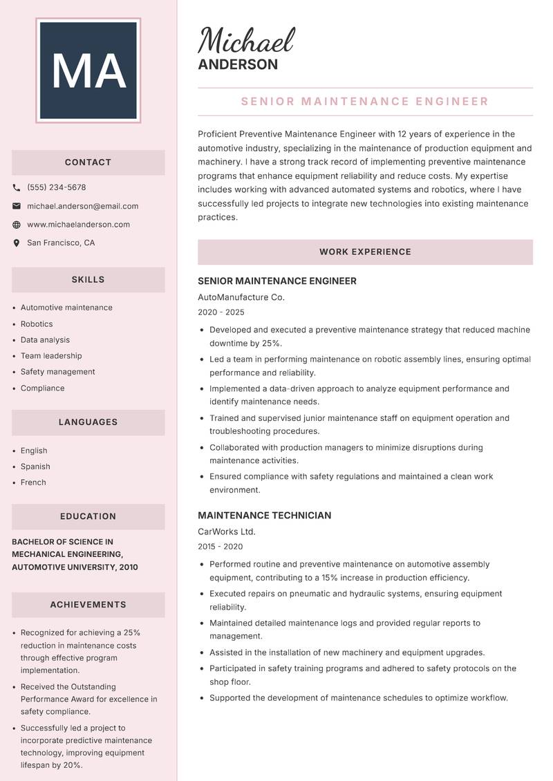 Preventive Maintenance Engineer Resume Preview Example