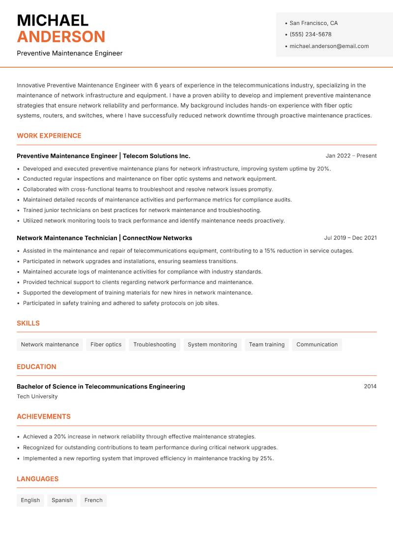 Preventive Maintenance Engineer Resume Template