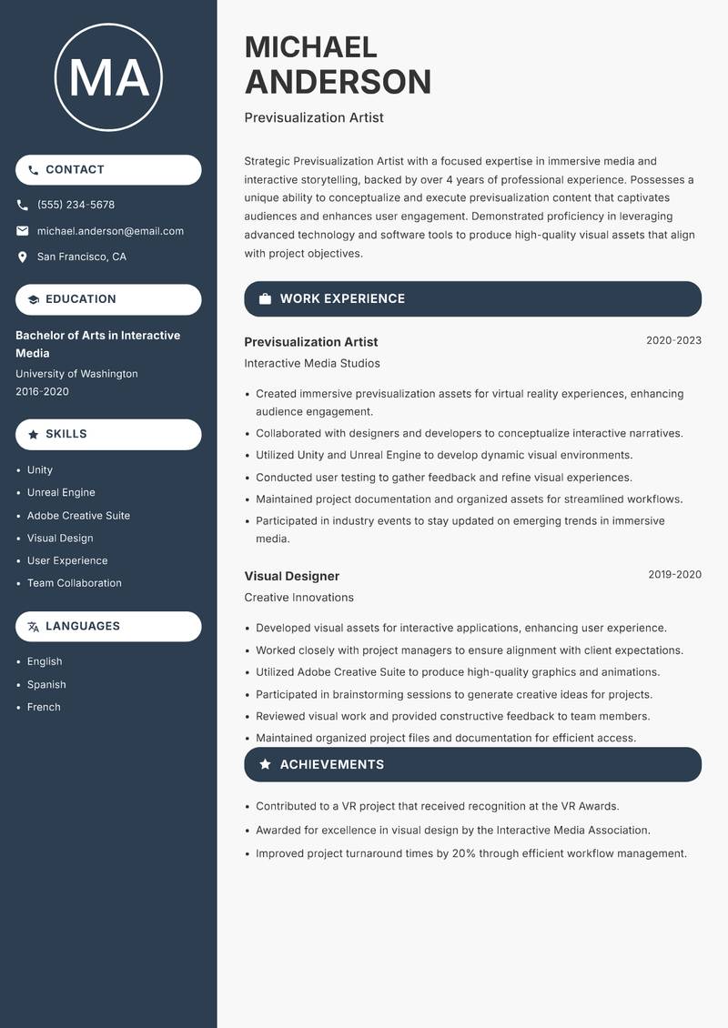 Previsualization Artist Resume Preview Example