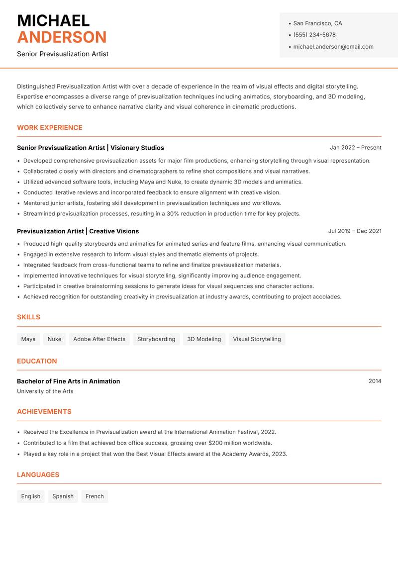 Previsualization Artist Resume Template