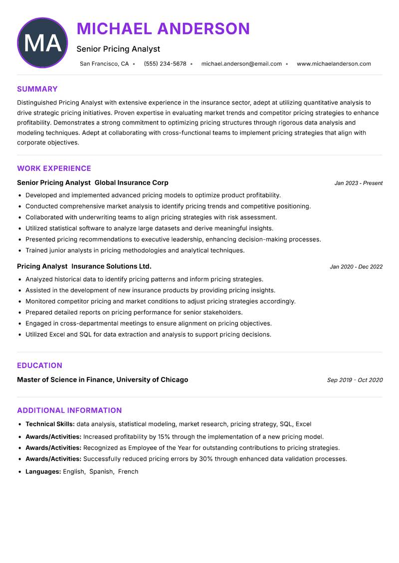 Pricing Analyst Insurance Resume Preview Example