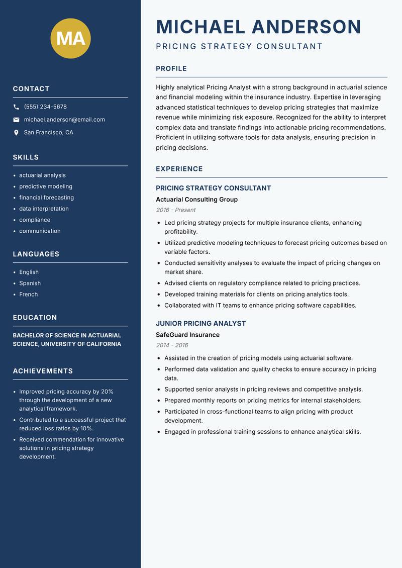 Pricing Analyst Insurance Resume Preview Example