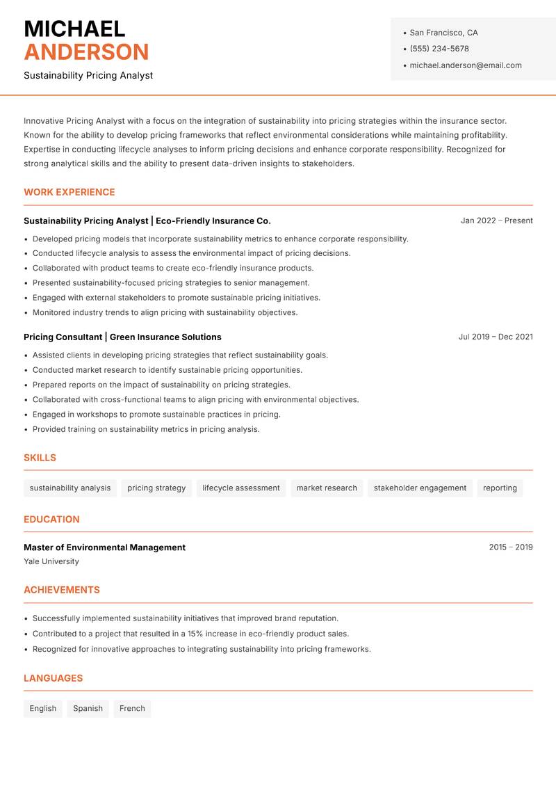 Pricing Analyst Insurance Resume Template