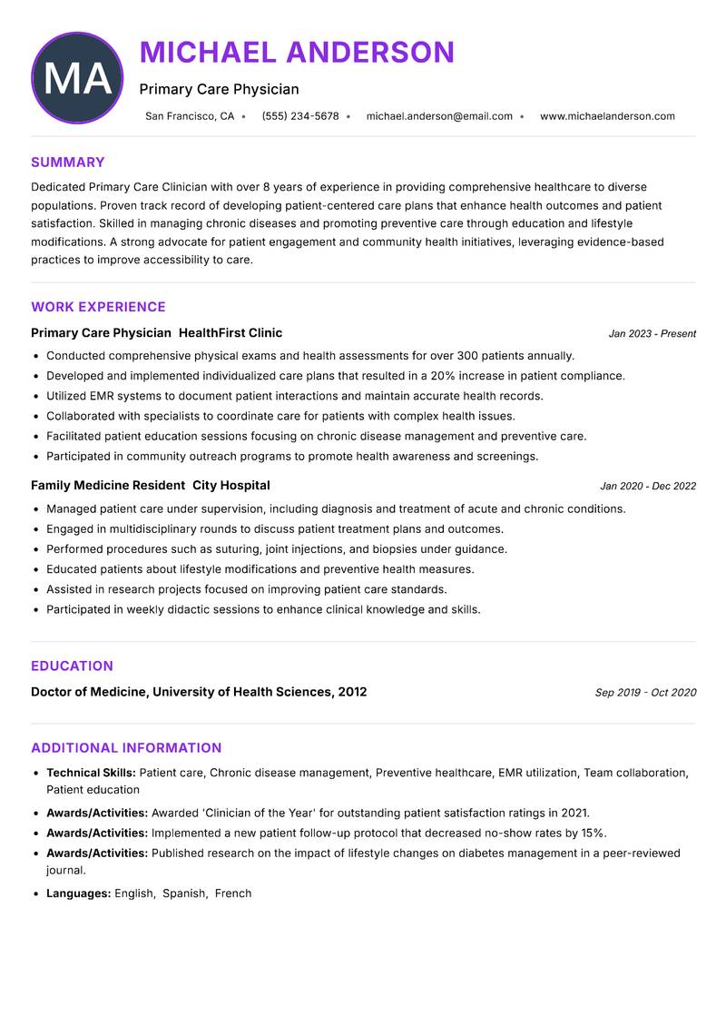 Primary Care Clinician Resume Preview Example