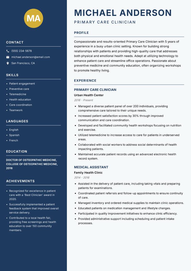 Primary Care Clinician Resume Preview Example