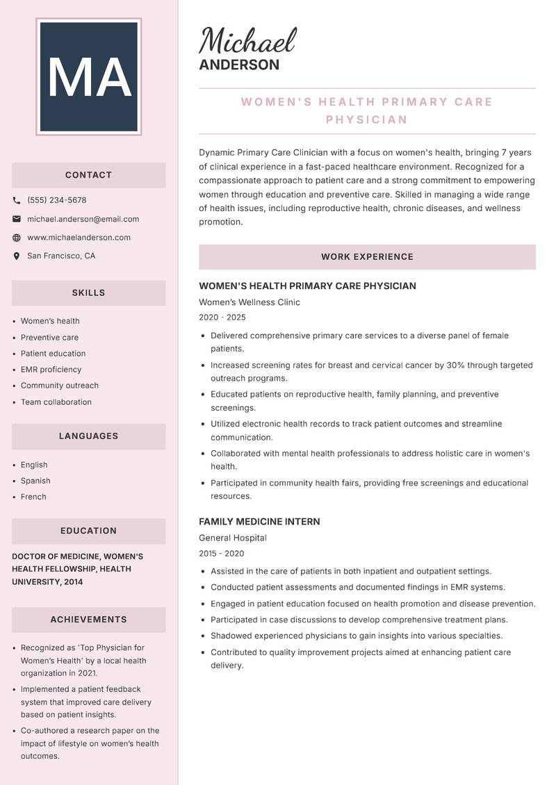 Primary Care Clinician Resume Preview Example