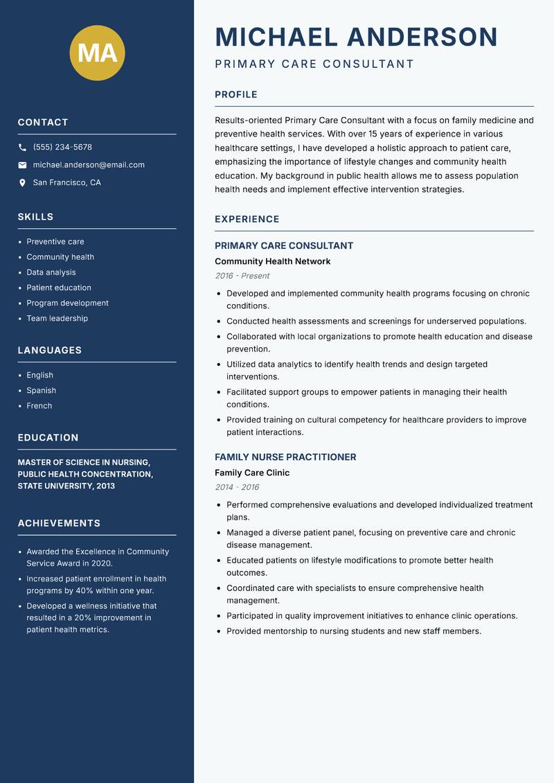 Primary Care Consultant Resume Preview Example