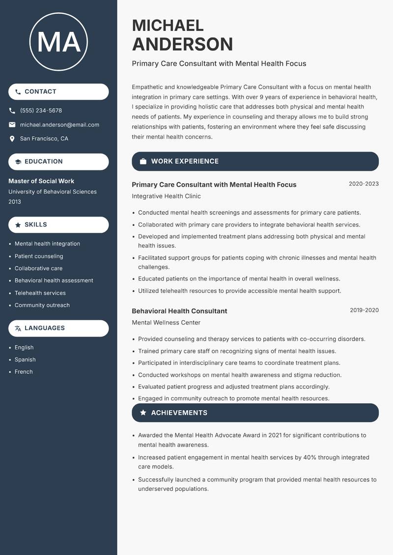 Primary Care Consultant Resume Preview Example