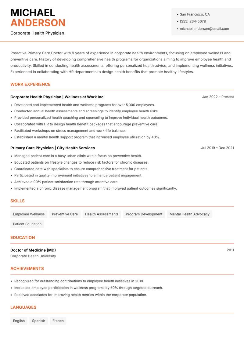 Primary Care Doctor Resume Template