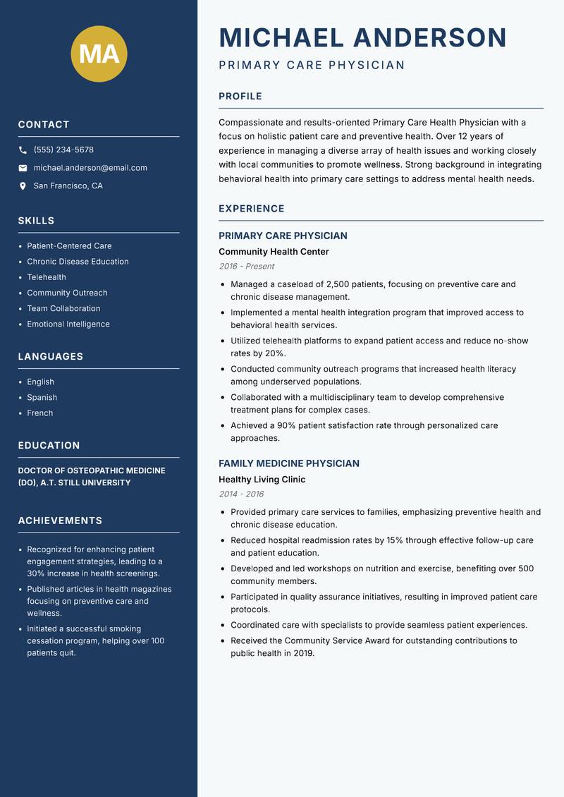 Primary Care Health Physician Resume Preview Example