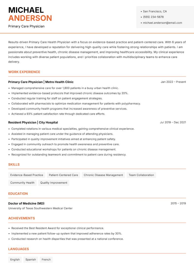 Primary Care Health Physician Resume Template