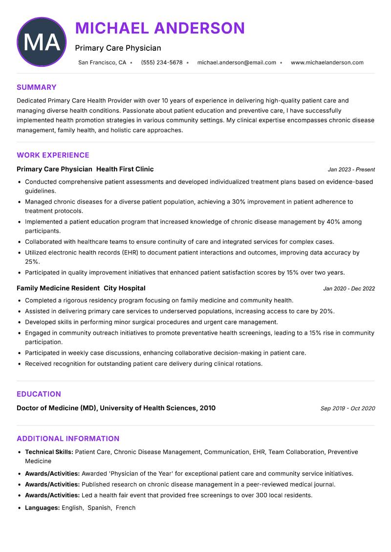 Primary Care Health Provider Resume Preview Example
