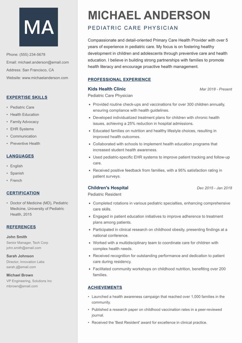 Primary Care Health Provider Resume Preview Example