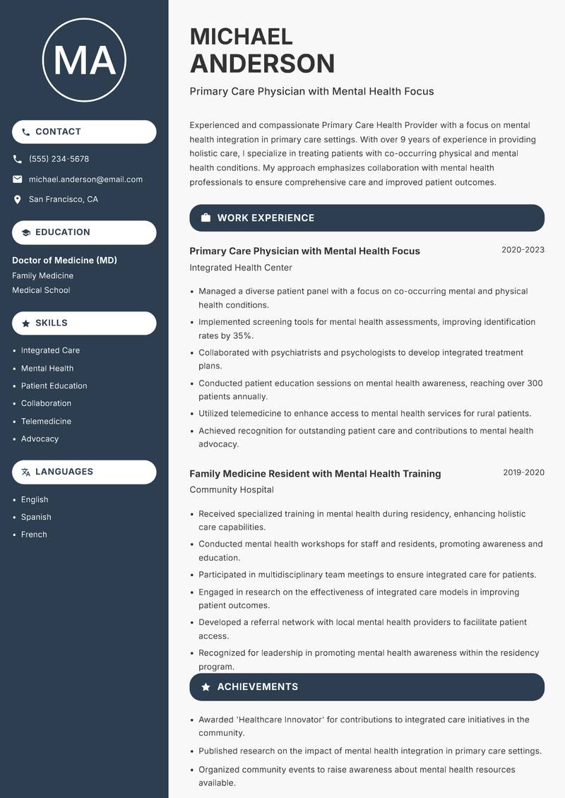 Primary Care Health Provider Resume Preview Example