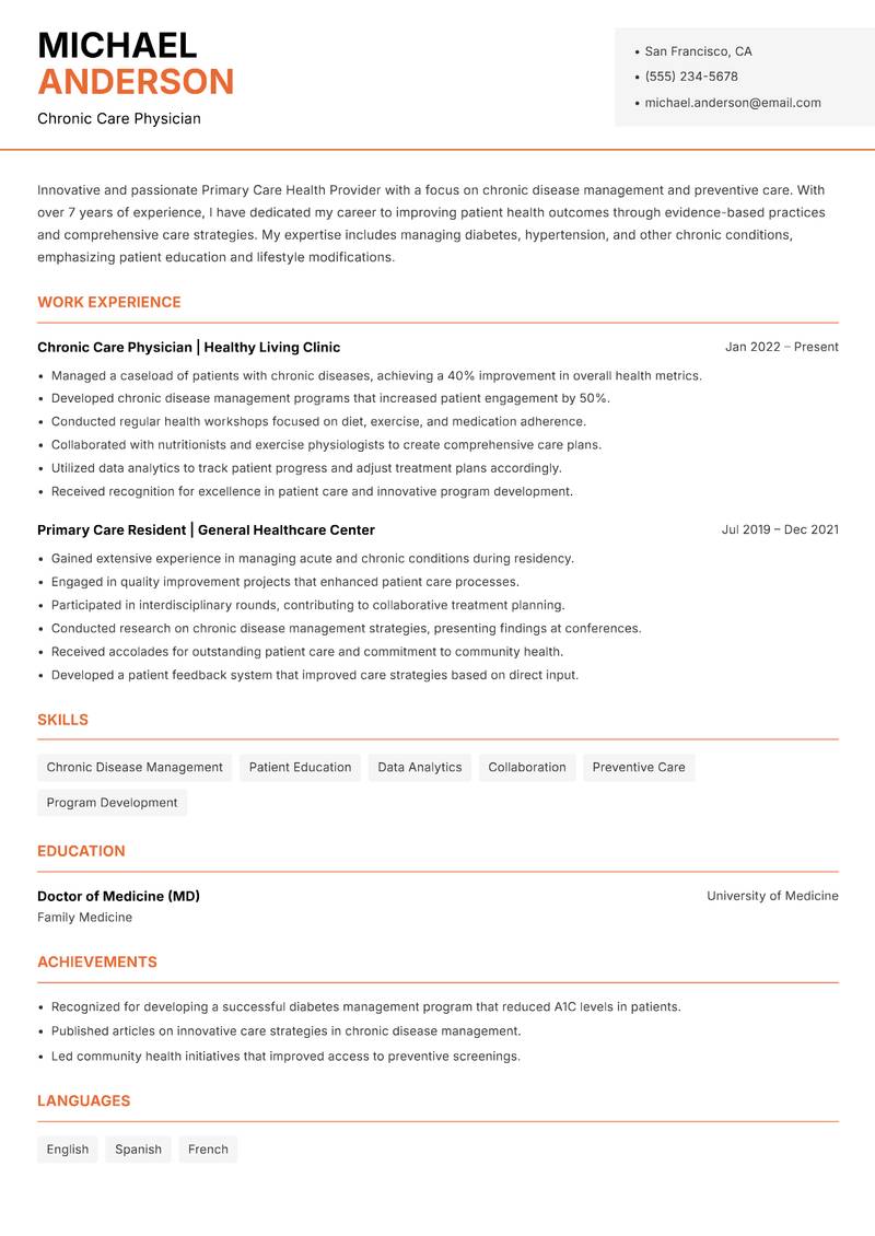 Primary Care Health Provider Resume Template