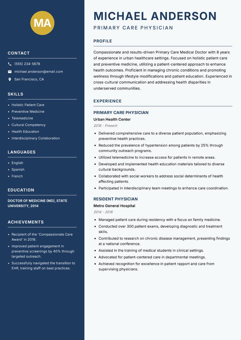 Primary Care Medical Doctor Resume Preview Example
