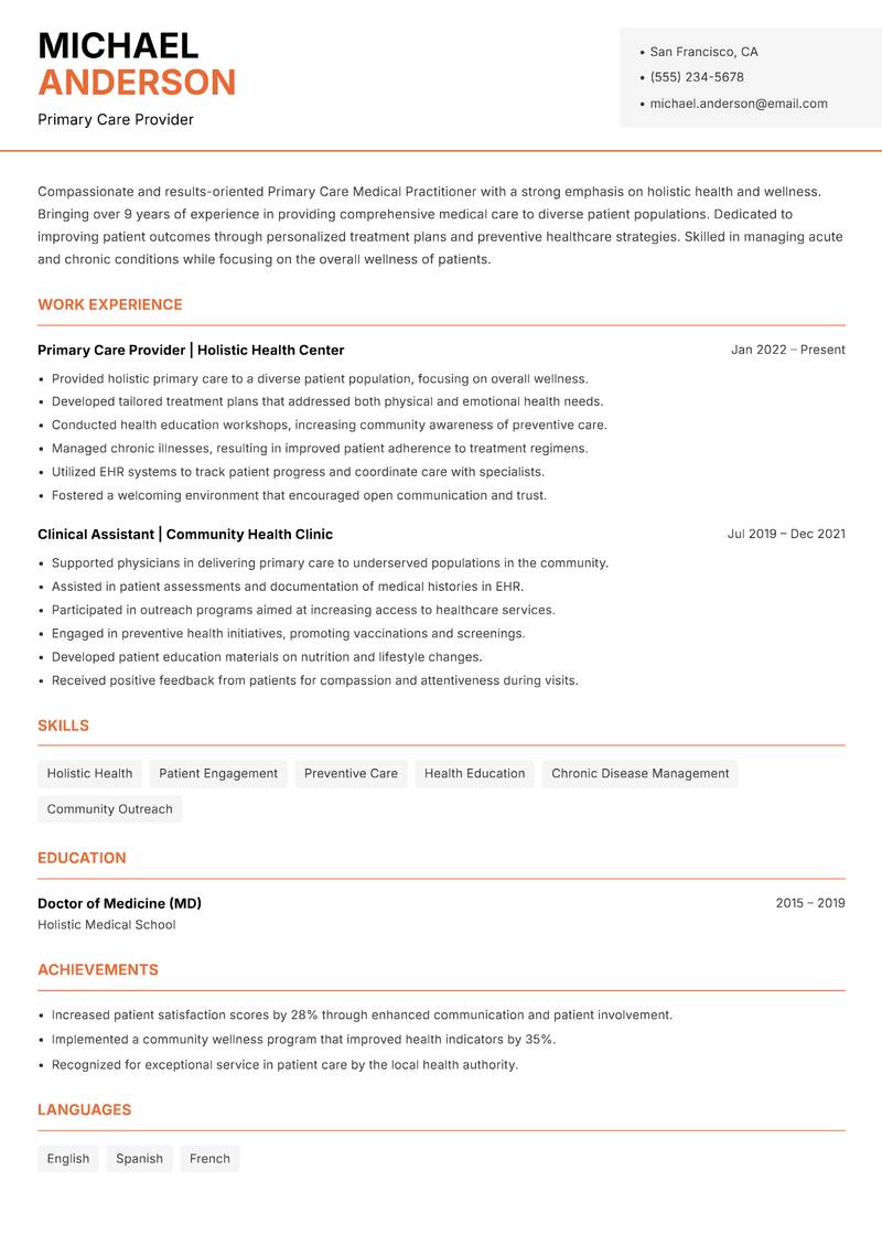 Primary Care Medical Practitioner Resume Template