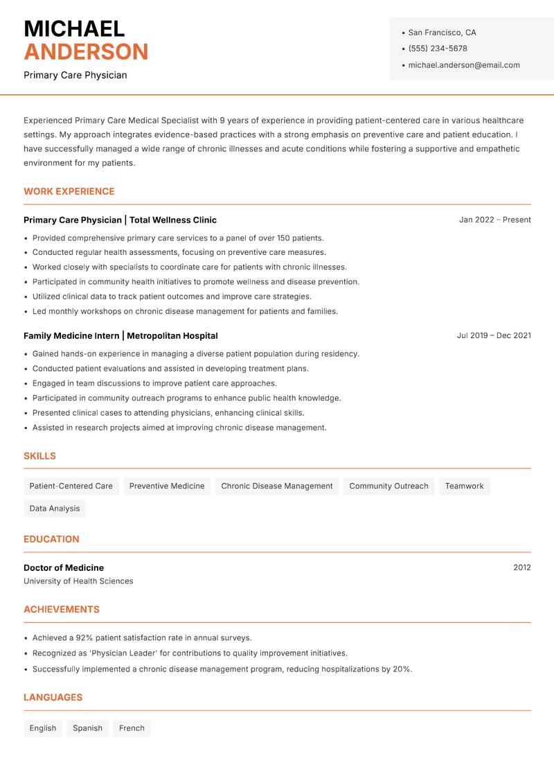 Primary Care Medical Specialist Resume Template