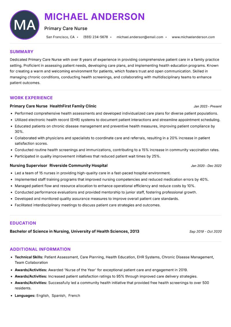 Primary Care Nurse Resume Preview Example