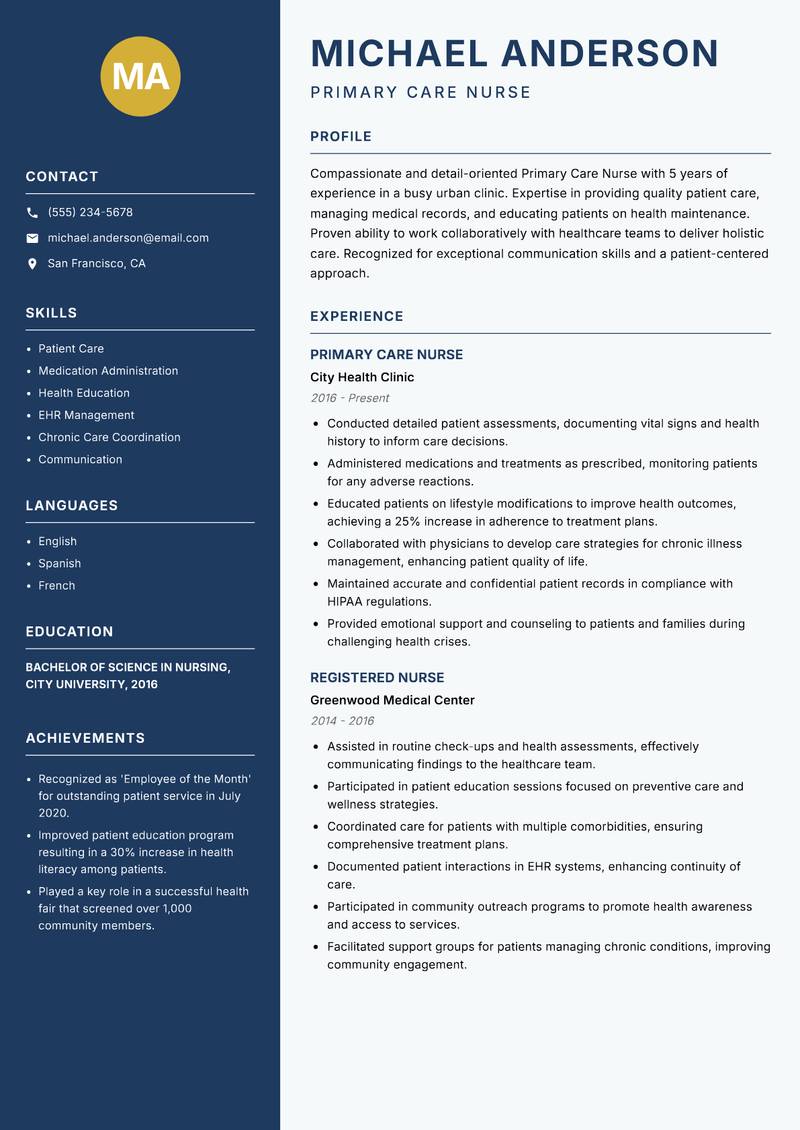 Primary Care Nurse Resume Preview Example
