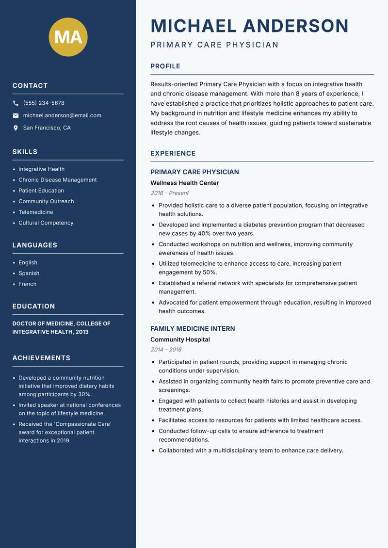 Primary Care Physician Resume Preview Example