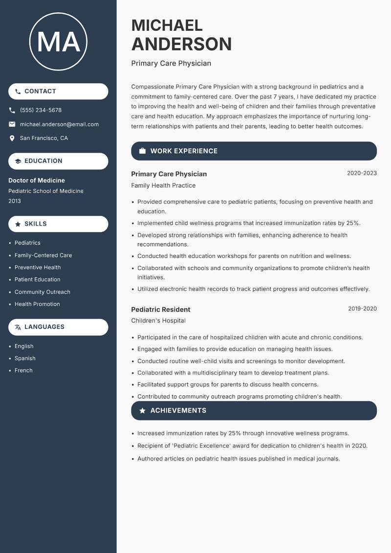 Primary Care Physician Resume Preview Example